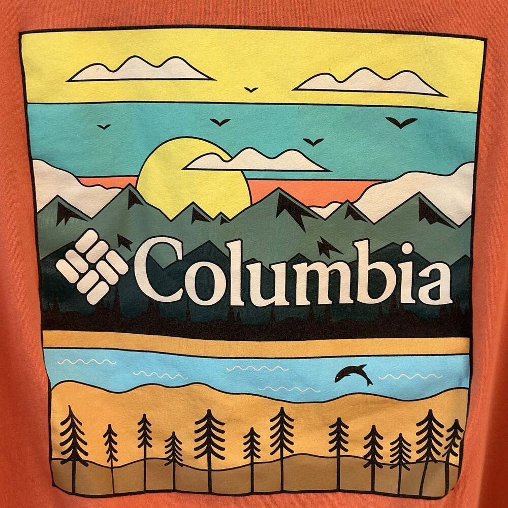 Columbia TShirt Men Sz XL Mountain Graphic Orange Short Sleeve Cotton Camp Hike